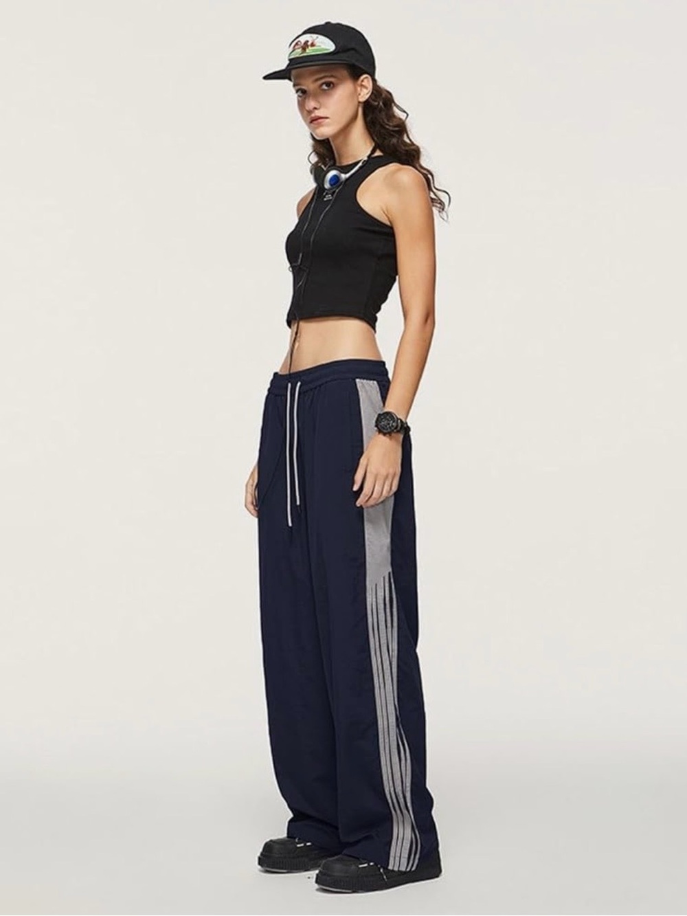 Aelfric Eden Navy Wide-Leg Track Pants with Gray Side Stripes